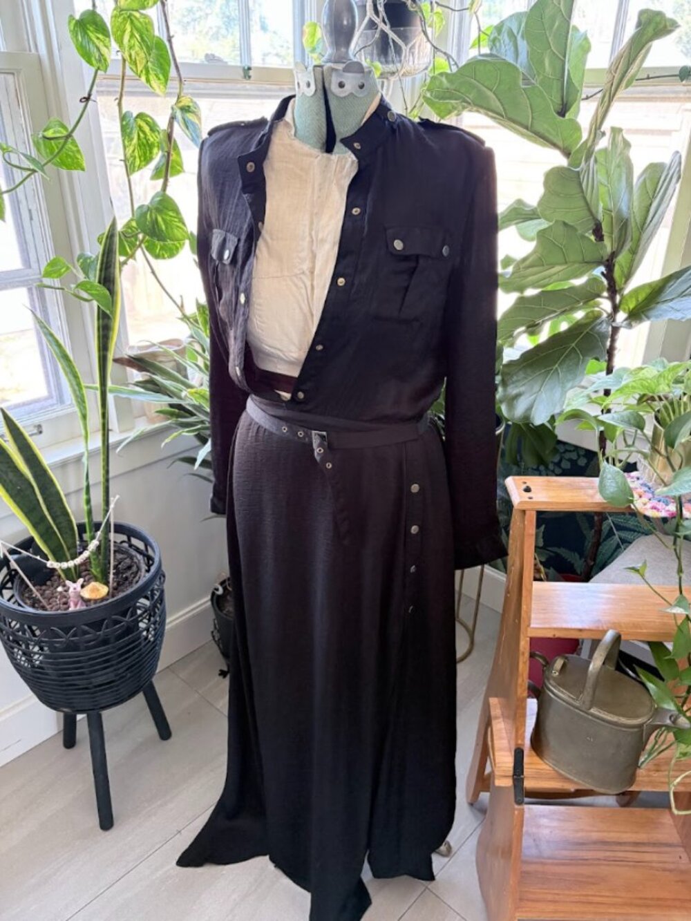 MESHKI Black Satin Utility Maxi Dress with Belt and Gold Hardware (Size S)